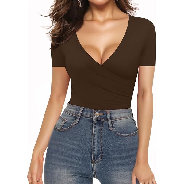 MANGOPOP Women's Cross Wrap Ruched Plunge Sexy Deep V Neck Slim